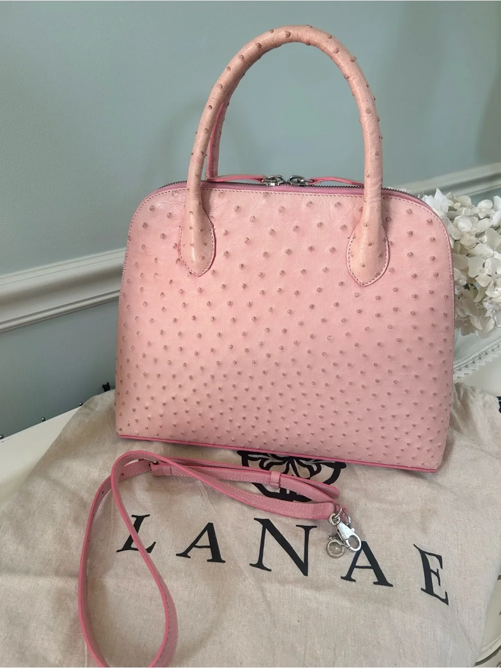 Pink Genuine Ostrich Leather LaNae Exotic  Satchel Tassel and Crossbody Strap